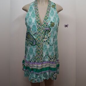 Bohemian Paisley Tunic Top Dress Green Medium/Large Retro Hippie Halter Tiered